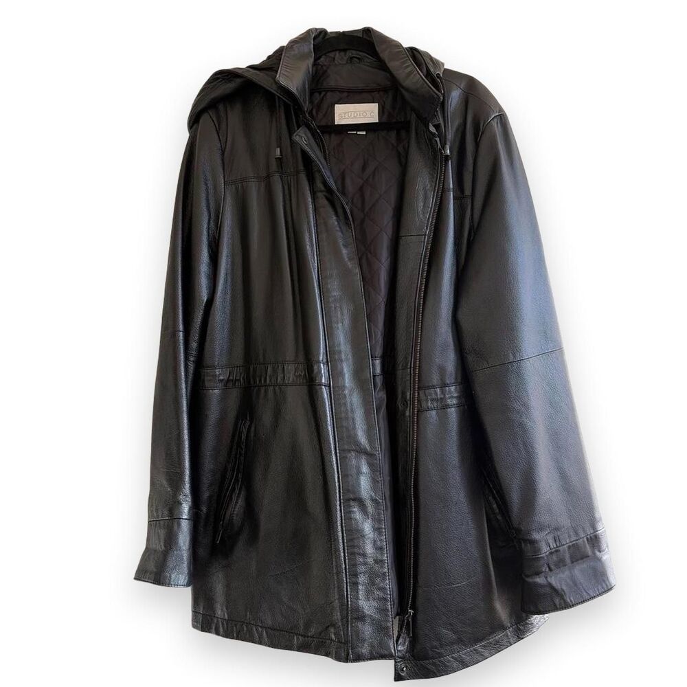 Studio C Black Genuine Leather Hooded Parka Jacket Size 1X